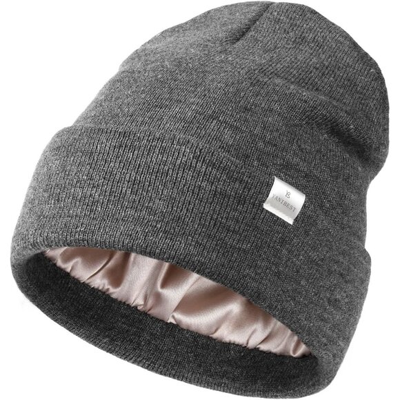 Womens Saitn Lined Knit Beanie Hat Ad-dark Grey